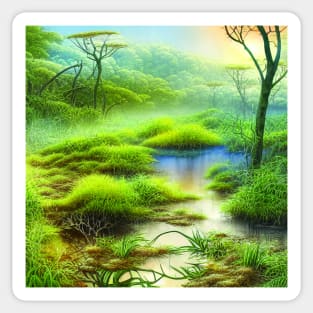 Landscape Painting with Tropical Plants and Lake, Scenery Nature Sticker